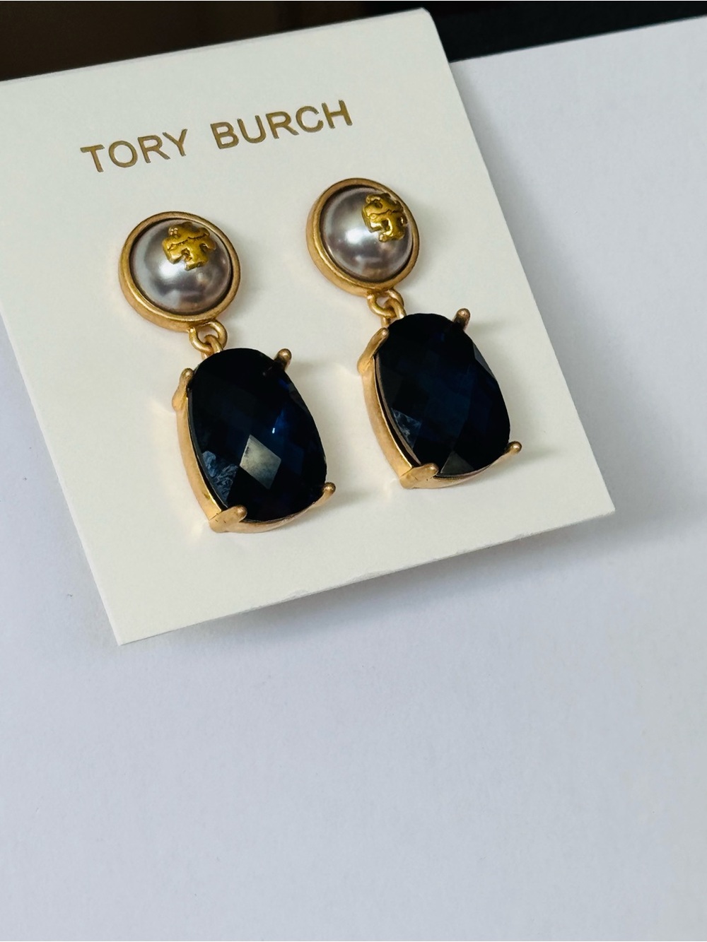 NWT Tory Burch Navy Crystal and Gold Logo Drop Earrings